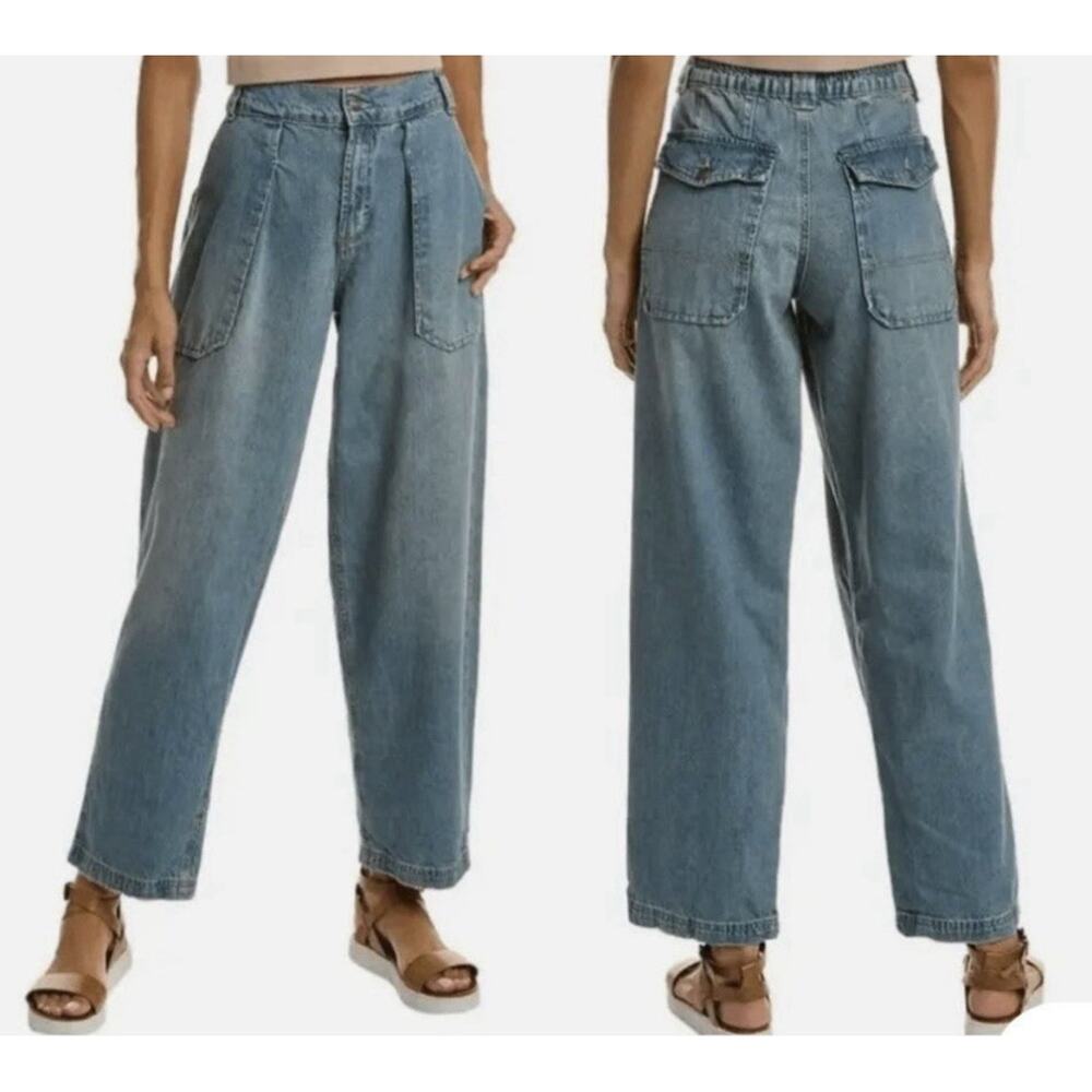 We The Free People Pull On Low Sling Oversized Blue Jeans Large Wide Leg Maeve